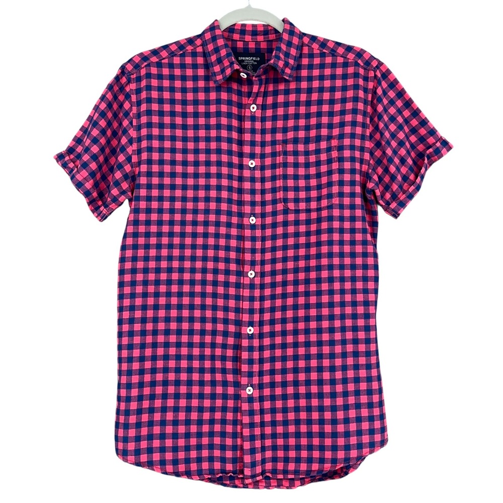 Springfield Mens Pink Blue Gingham Check Short‎ Sleeve Custom Fit Shirt Small